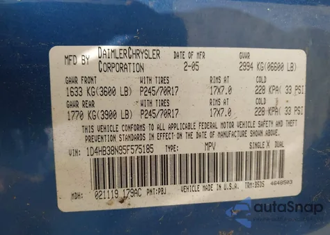 2005 Dodge Durango St z USA, uszkodzony, nr VIN 1D4HB38N95F575185